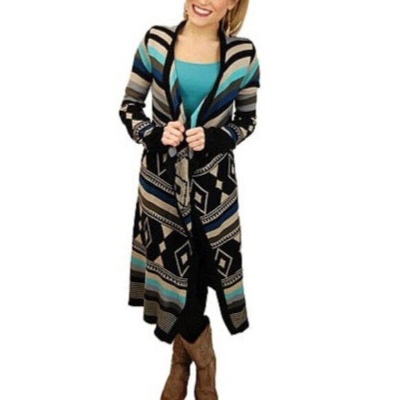Love Stitch Long Geometric Striped Open Front Waterfall Cardigan Duster - Picture 14 of 16